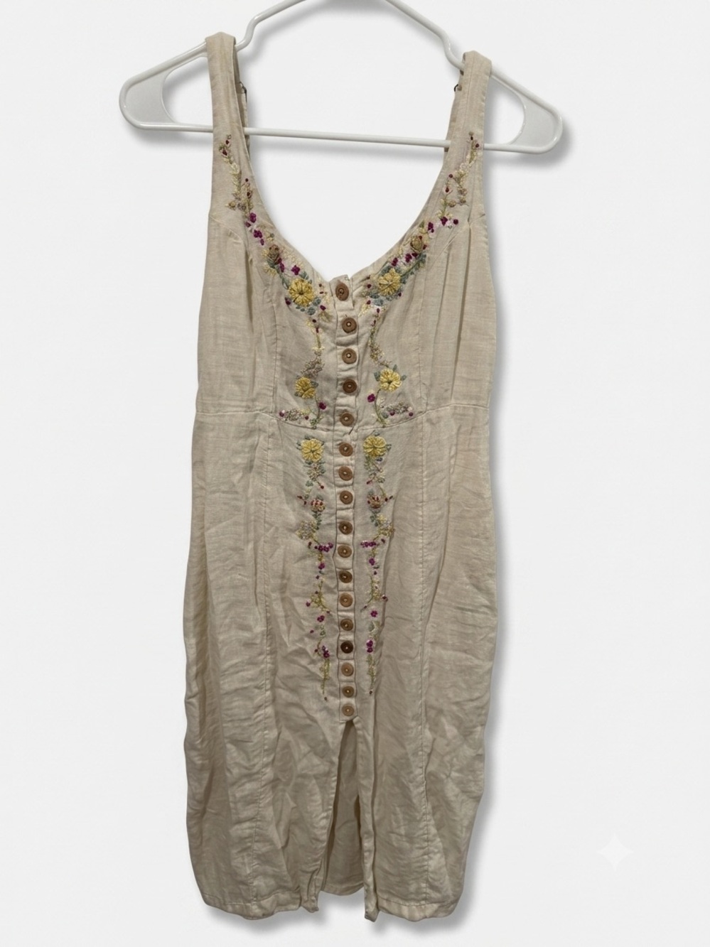 Free People Embroidered Linen Button-Front Midi Dress – Boho Cottagecore Small